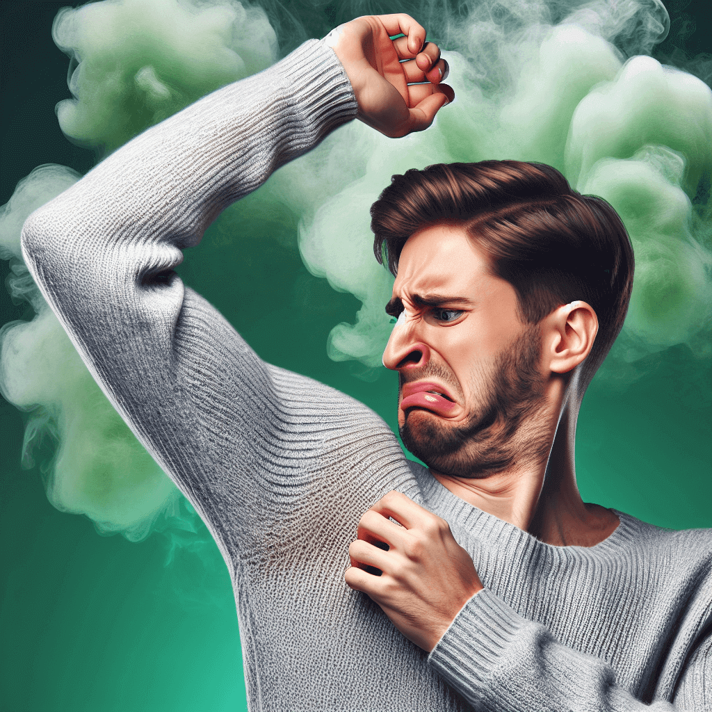 A man reacting to his own body odor with a disgusted expression, emphasizing the importance of odor awareness and hygiene.
