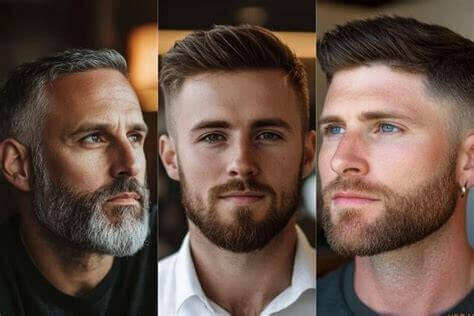 A collage showcasing various faded beard styles for men in 2025, including low fade, mid fade, high fade, taper fade, and skin fade, with diverse models displaying each style.