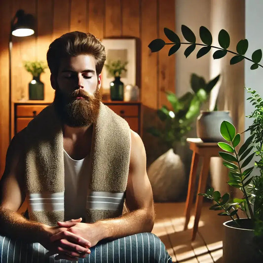 A calm, bearded man relaxing in a minimalist room with plants, soft lighting, and a warm towel over his face. The setting blends wellness and masculine skincare.