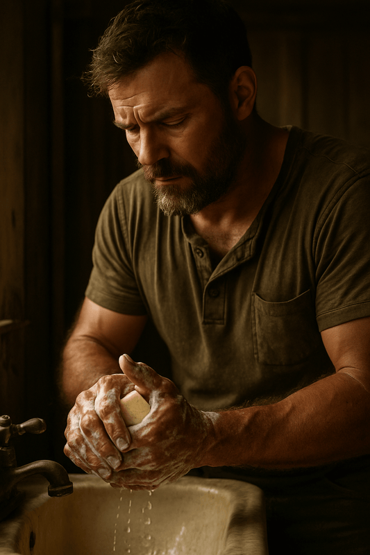Rugged dad washing his hands with soap in a rustic bathroom.