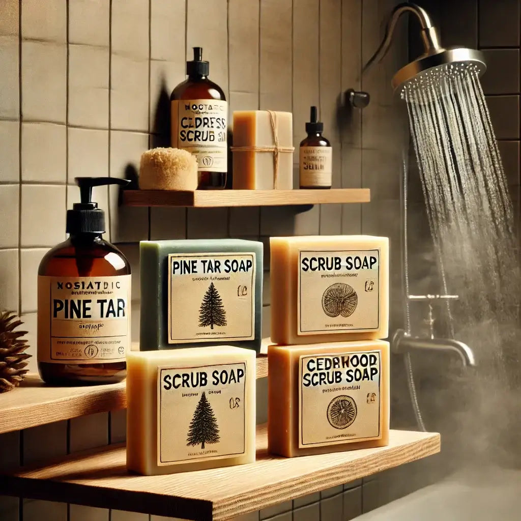 A stylish bathroom setting featuring a masculine, natural bar soap from Nostalgic Skin Co., perfect for men with sensitive skin.