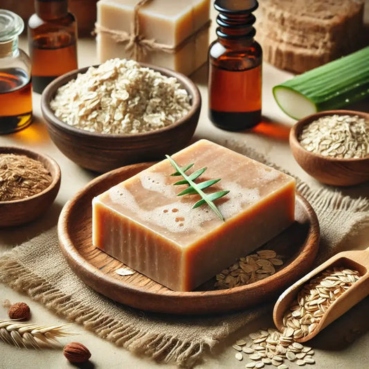 A rugged, handcrafted bar of natural men’s soap resting on a wooden soap dish, surrounded by soothing ingredients like oats, aloe vera, and coconut oil, designed to calm eczema-prone skin.
