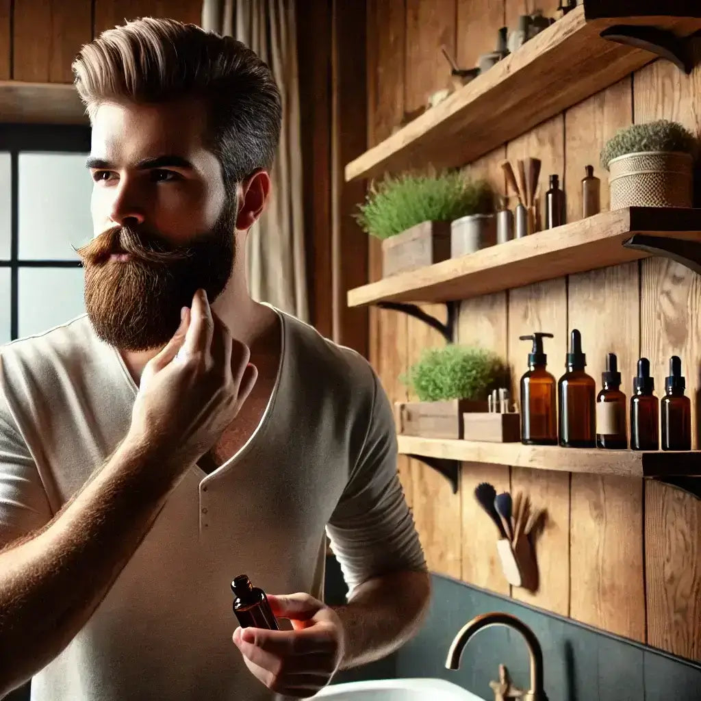 A confident man with a well-groomed beard gently applying beard oil while standing in front of a bathroom mirror. A rustic wooden shelf with natural grooming products is visible, giving a relaxed, masculine, and intentional grooming vibe.