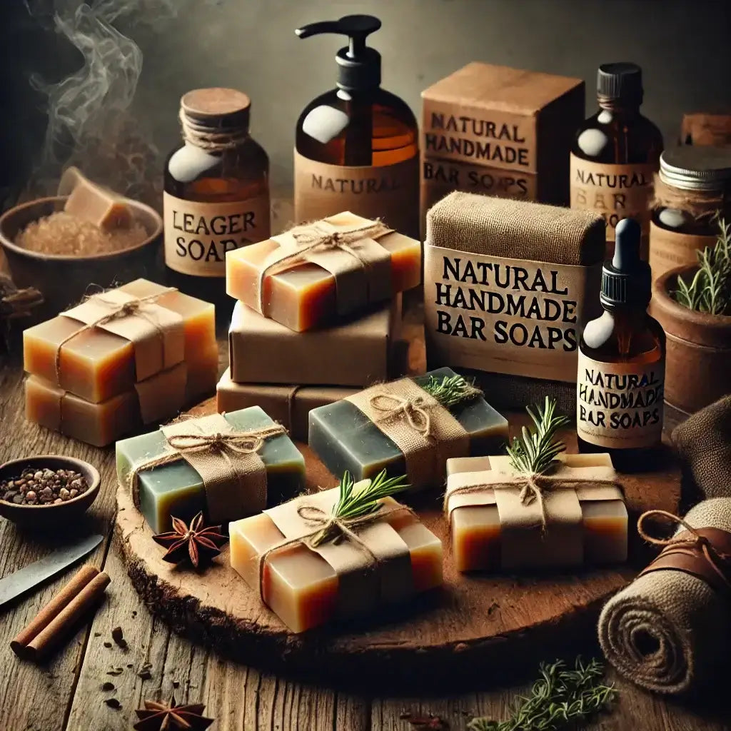 Natural handmade bar soaps arranged on a rustic countertop with minimal packaging, surrounded by eco-friendly elements like wood, herbs, and natural oils — promoting sustainable skincare.