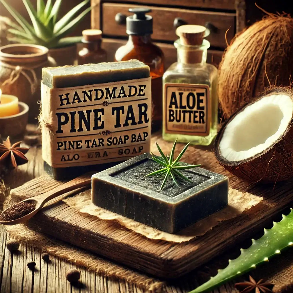 Handmade pine tar soap bar on rustic wooden surface, surrounded by natural ingredients like aloe, coconut, and aloe butter — traditional skincare for men.