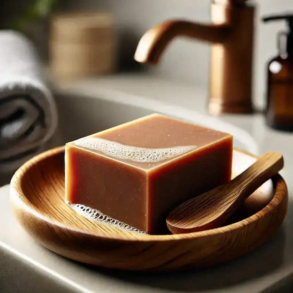 A bar of handcrafted pine tar soap resting on a wooden dish, highlighting its rich lather and natural ingredients for acne-prone skin.