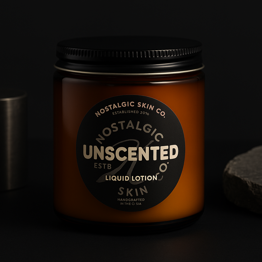 Nostalgic Skin Co. unscented liquid lotion jar on a dark background