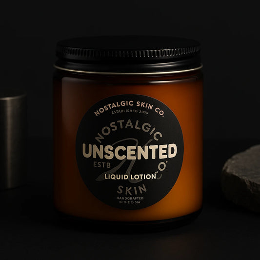 Nostalgic Skin Co. unscented liquid lotion jar on a dark background