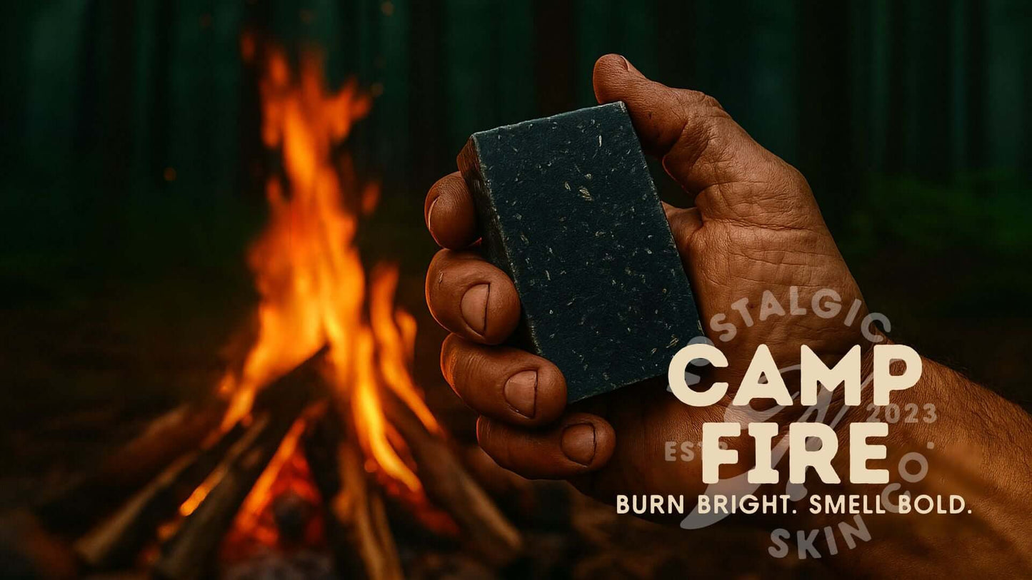 Hand holding Campfire Bar Soap in front of a campfire, evoking scents of cedar smoke and pine needles.