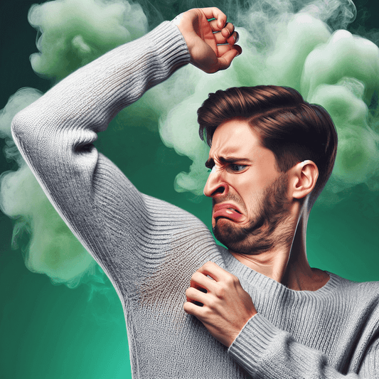 A man reacting to his own body odor with a disgusted expression, emphasizing the importance of odor awareness and hygiene.