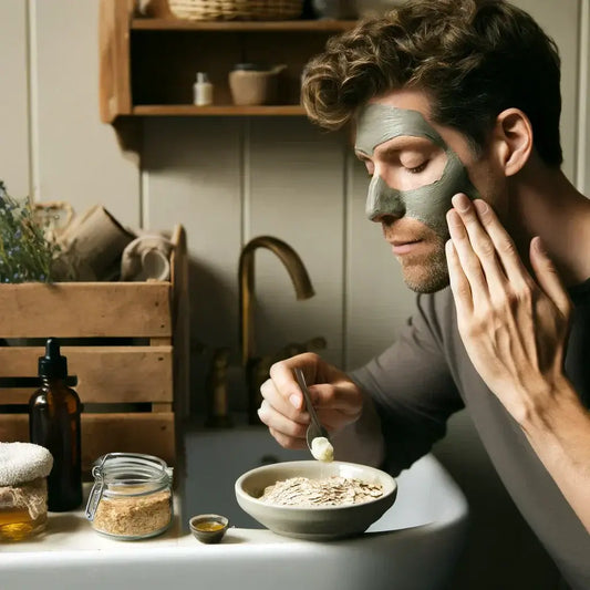 A clean-shaven man in his 30s applying a natural face mask in his bathroom, surrounded by simple, natural skincare ingredients like honey, oats, and oils. The vibe is relaxed, masculine, and authentic—DIY grooming for modern men.