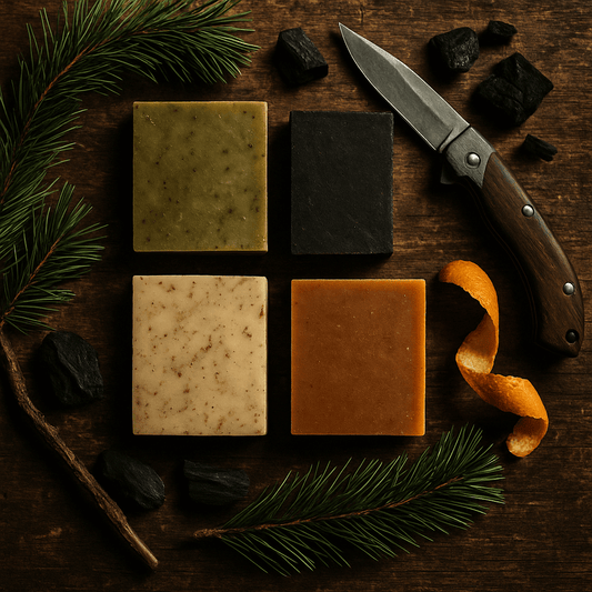 Natural bar soaps for men displayed on rustic wood with pine, charcoal, and citrus—rugged and handcrafted.
