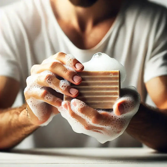 A well-groomed man lathering a natural bar soap in his hands, highlighting rich, foamy suds that gently cleanse and nourish the skin.