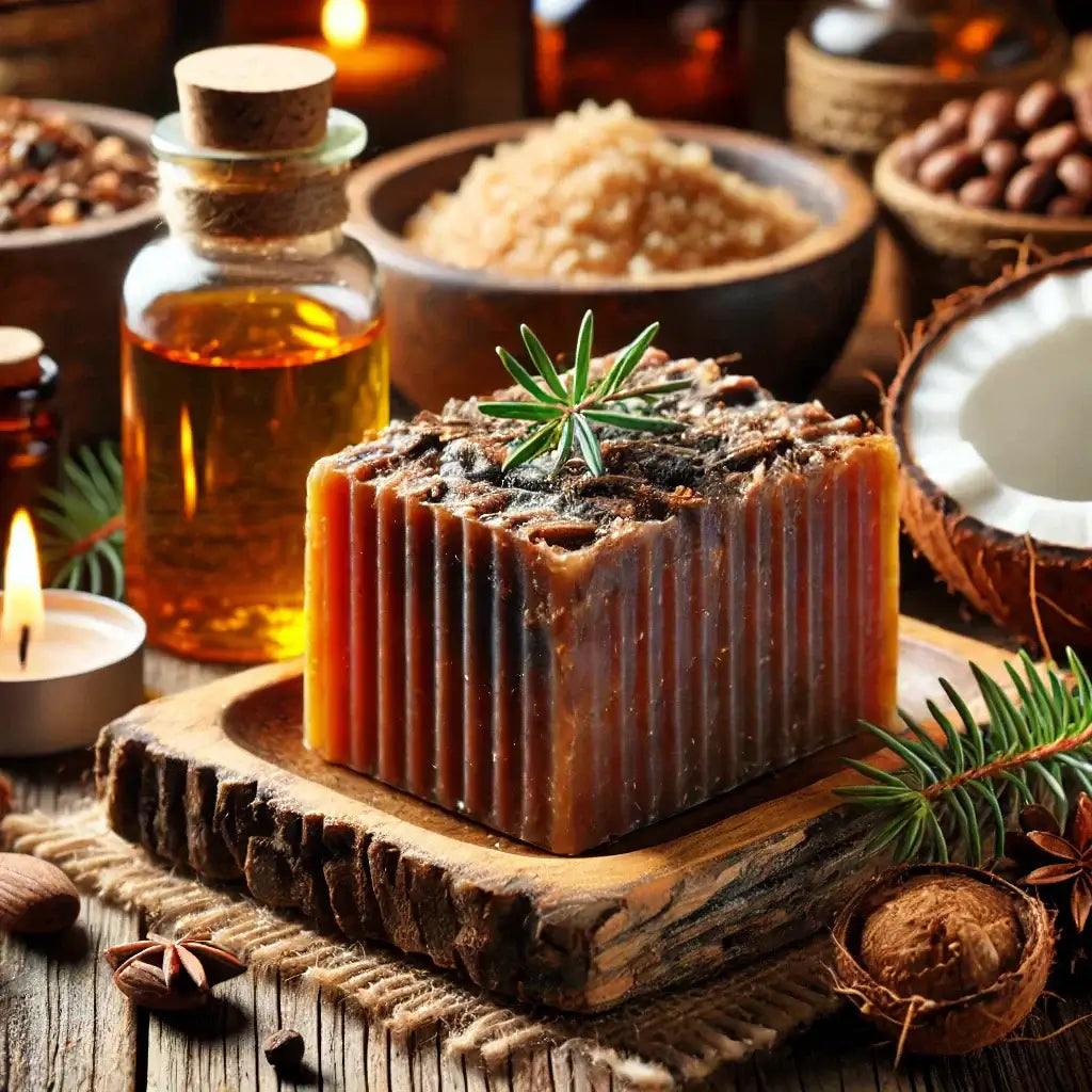 A rugged bar of pine tar soap resting on a wooden soap dish, with natural ingredients displayed beside it, highlighting its soothing and skin-friendly properties.