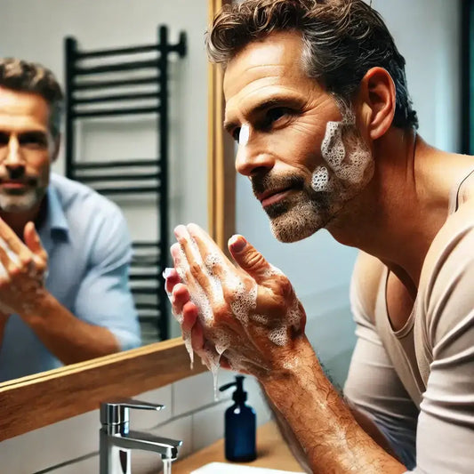 A confident middle-aged man washing his face with natural soap, emphasizing a simple yet effective skincare routine for men over 40.