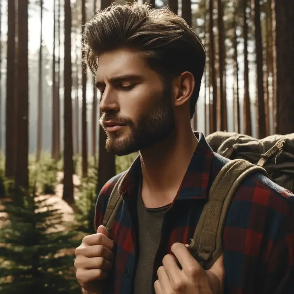 A rugged man hiking through a pine forest, pausing to breathe deeply. He wears a flannel shirt and has a clean, styled beard. The mood is grounded, bold, and natural—evoking rugged confidence and earthy scent profiles like pine, cedarwood, and smoke.