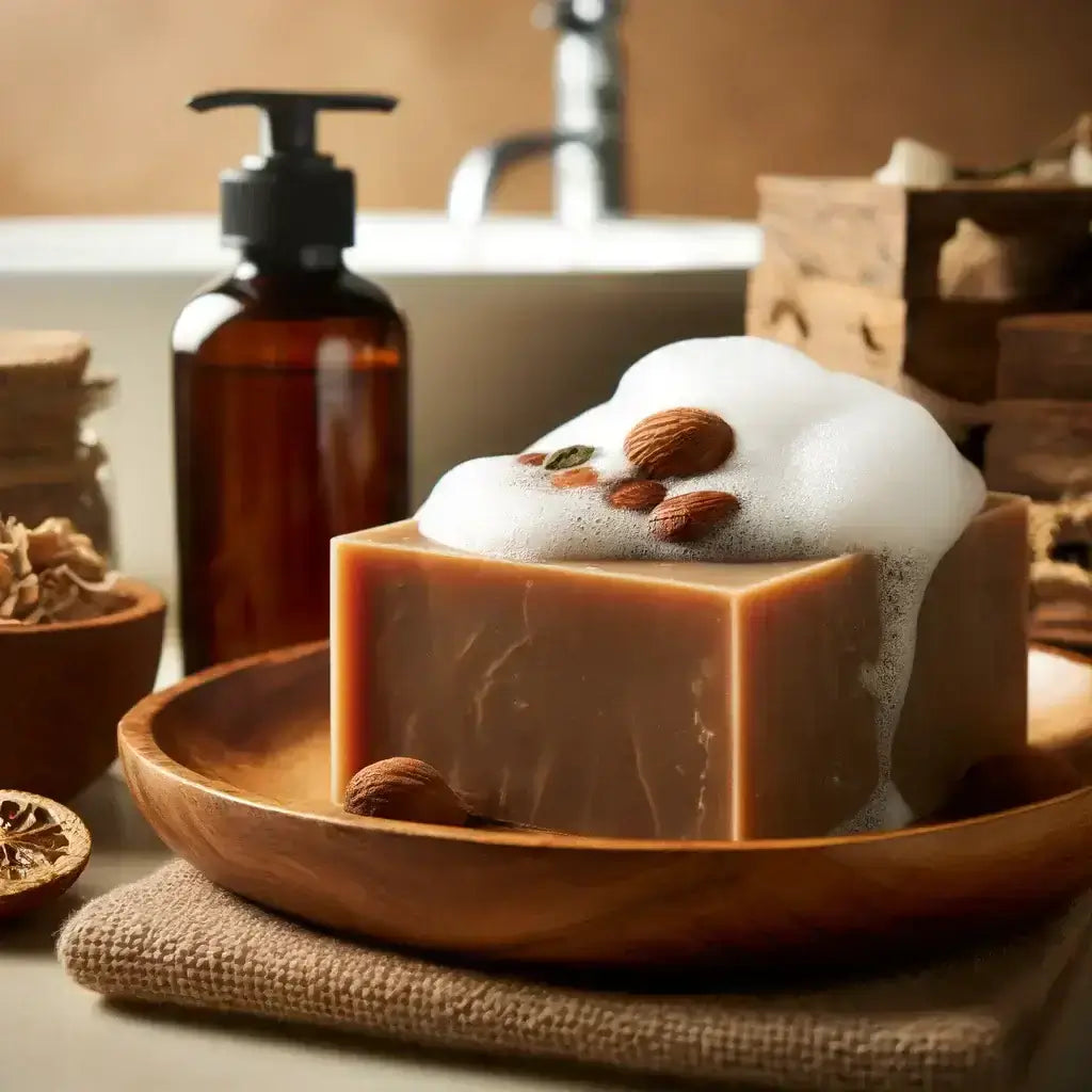 A rugged men’s bar soap resting on a wooden dish, lathered up and ready for use, highlighting its natural ingredients and rich texture.