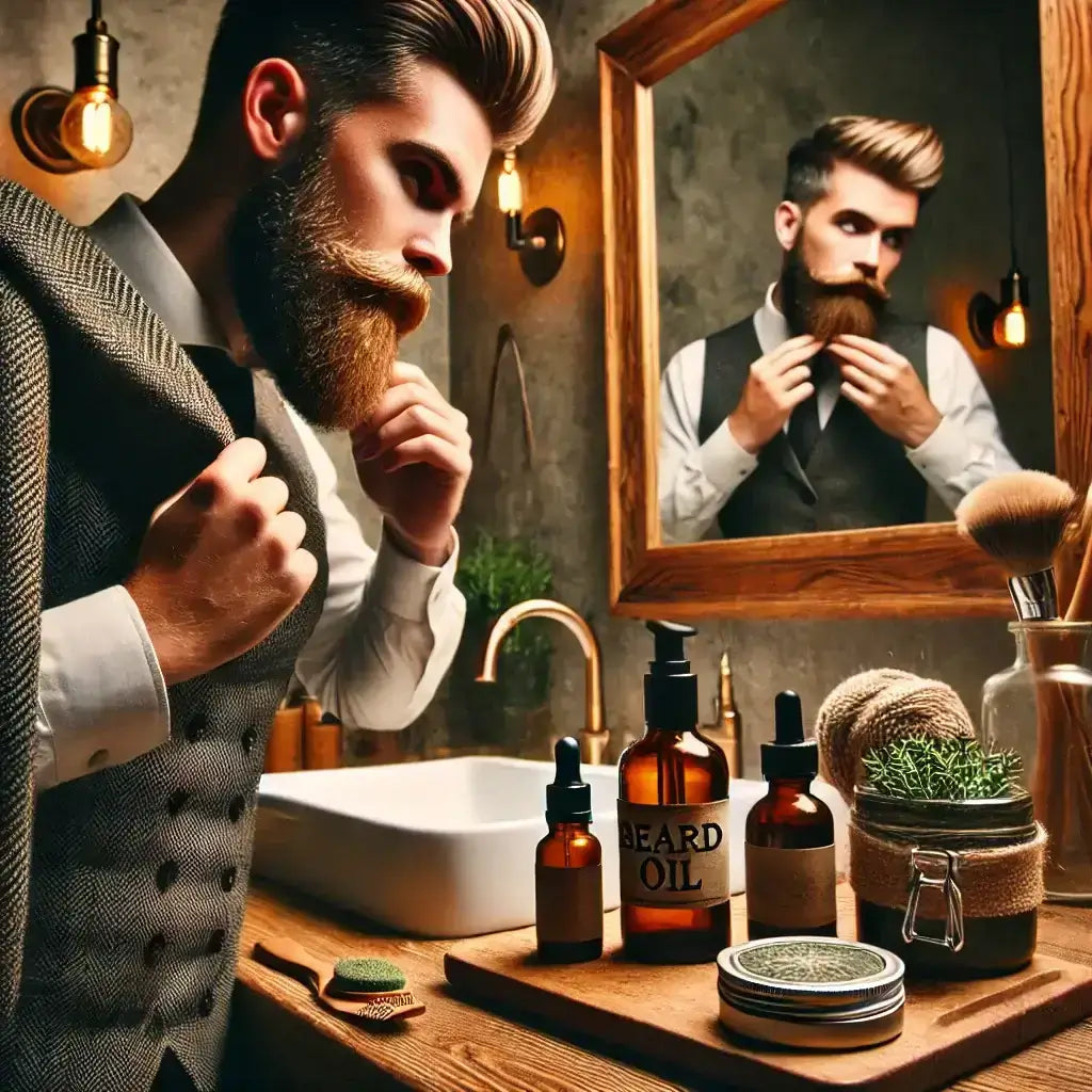 A bearded man applying natural beard oil to his facial hair, ensuring deep hydration and a well-groomed look. The perfect routine for a healthy, stylish beard.