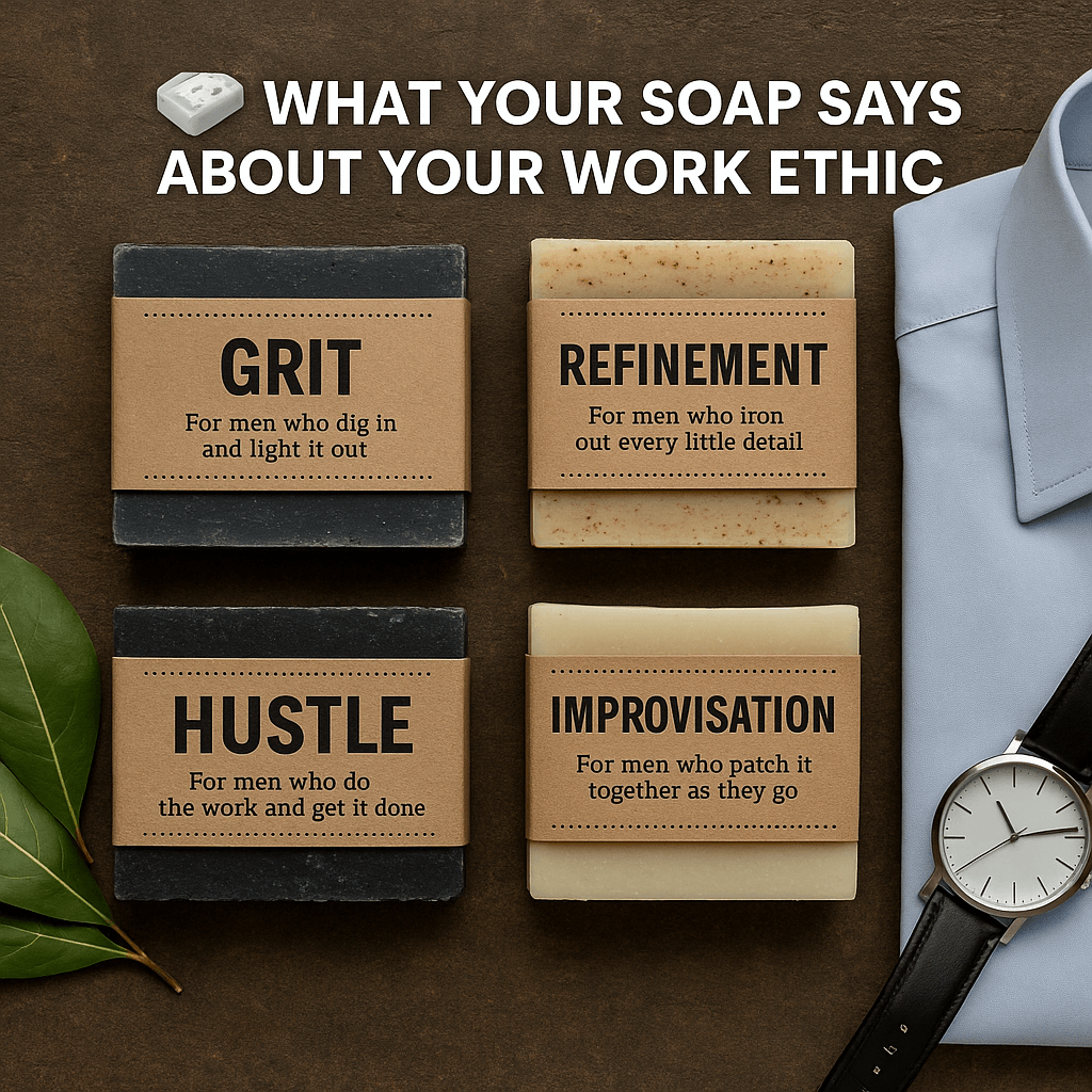 Flat lay of masculine soap bars with labels like 'Grit', 'Hustle', and 'Refinement' on a rustic surface with a clean work shirt folded nearby