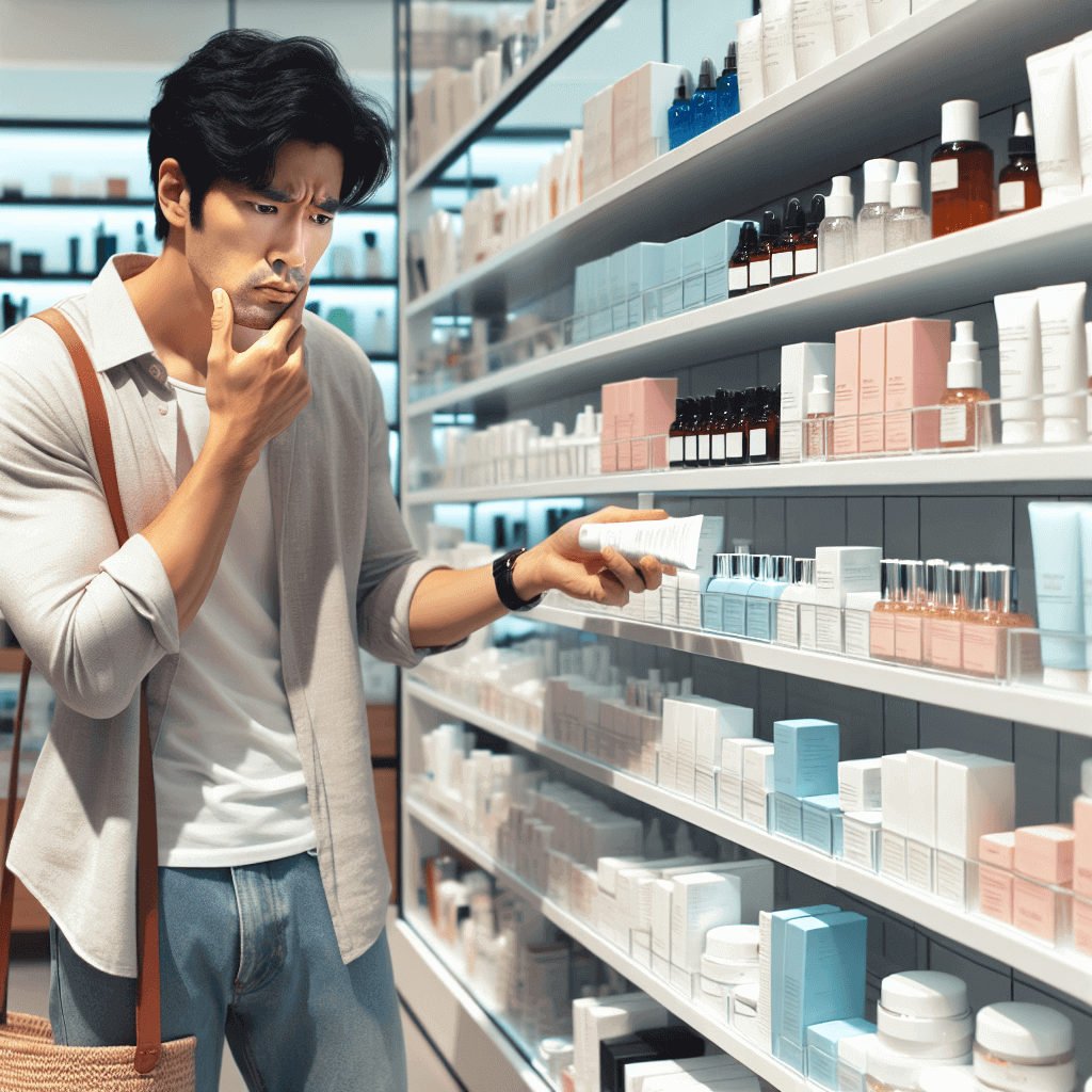 A man thoughtfully examining skincare products on a store shelf, considering the best options for his sensitive skin.