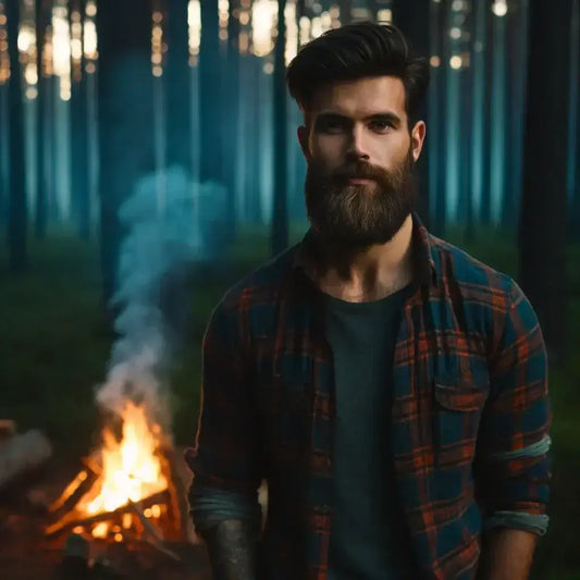 A bearded man in flannel stands by a campfire in the forest, symbolizing modern masculinity—rugged, grounded, and emotionally present.