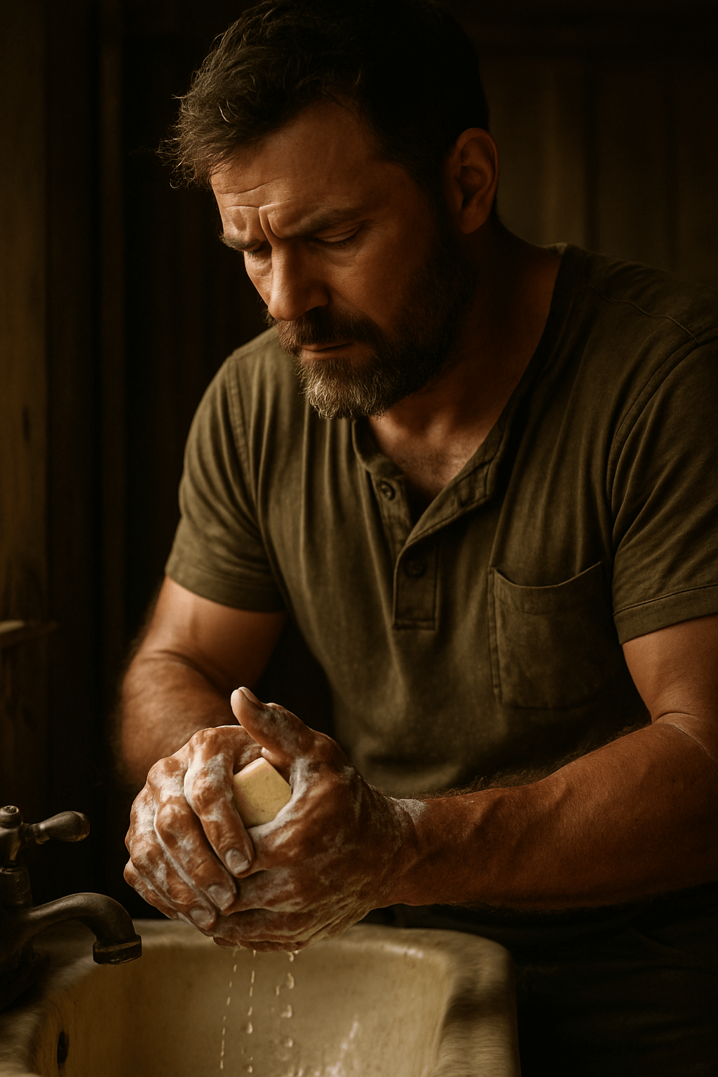Rugged dad washing his hands with soap in a rustic bathroom.