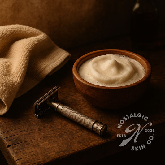 A rustic shaving setup with natural shave soap, safety razor, and towel on a wooden counter
