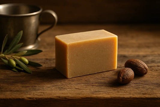 A rugged hand holding a natural soap bar outdoors near a cabin or stream, symbolizing craftsmanship and simplicity.