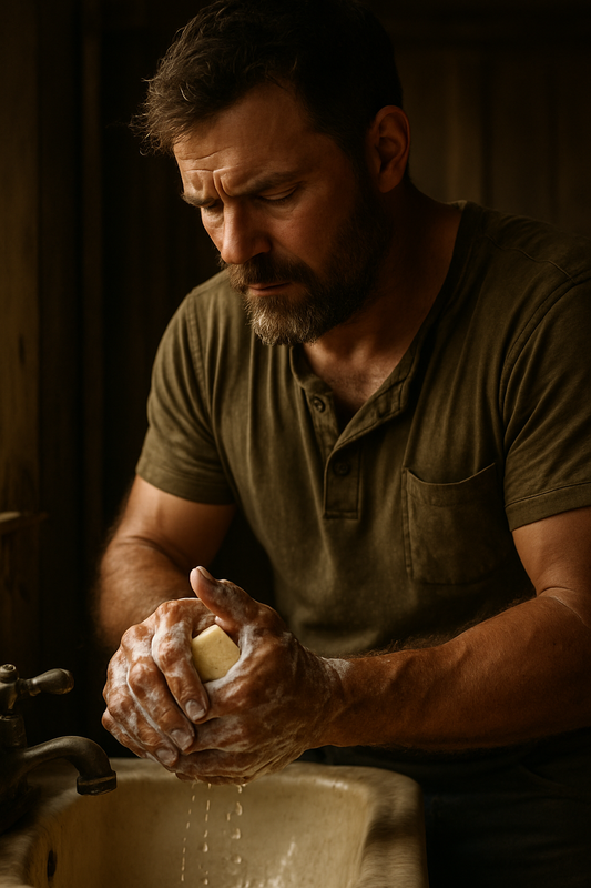Rugged dad washing his hands with soap in a rustic bathroom.