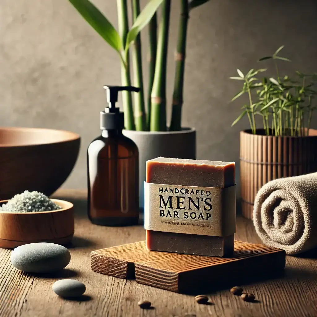 A sleek, minimalist bathroom setup with a handcrafted men’s bar soap placed on a wooden soap dish, highlighting sustainable grooming practices.