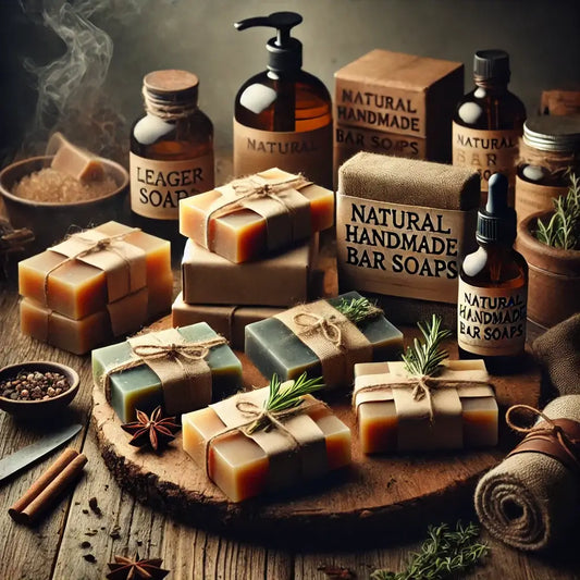 Natural handmade bar soaps arranged on a rustic countertop with minimal packaging, surrounded by eco-friendly elements like wood, herbs, and natural oils — promoting sustainable skincare.