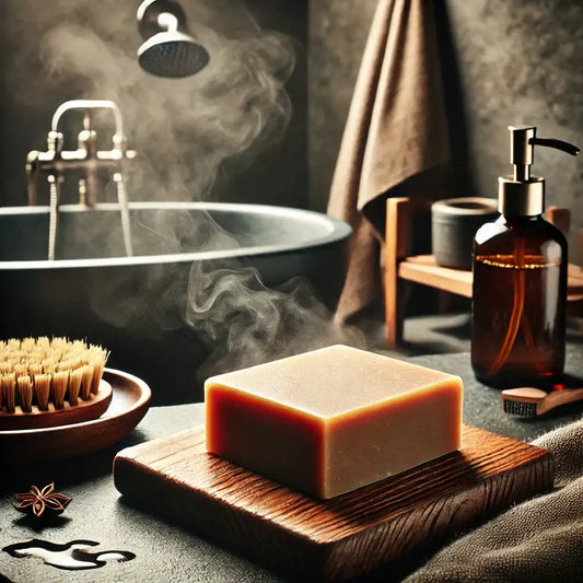 A stylish, masculine bathroom setting featuring a premium bar soap for men’s grooming, promoting a natural and refreshing cleansing experience.