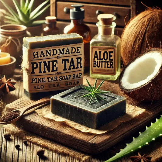 Handmade pine tar soap bar on rustic wooden surface, surrounded by natural ingredients like aloe, coconut, and aloe butter — traditional skincare for men.