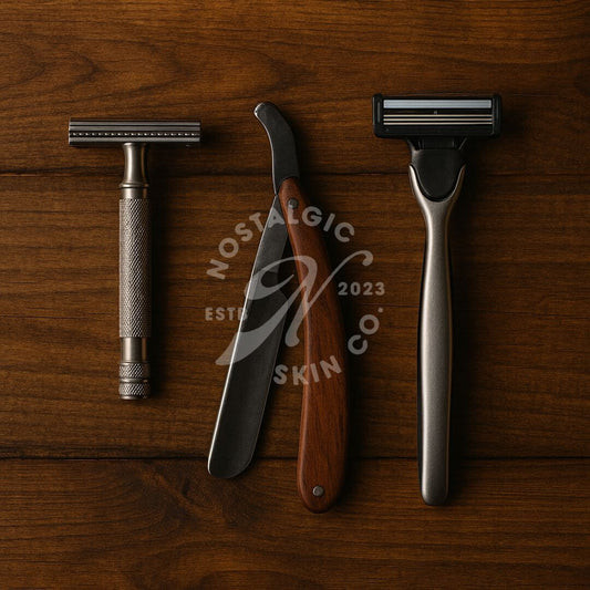 Flat lay of a safety razor, straight razor, and cartridge razor.