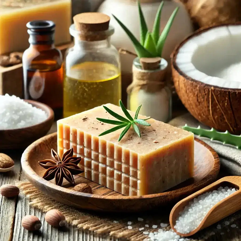 A rugged bar of natural soap resting on a wooden dish, surrounded by moisturizing ingredients like shea butter, coconut oil, and aloe vera for dry skin relief.