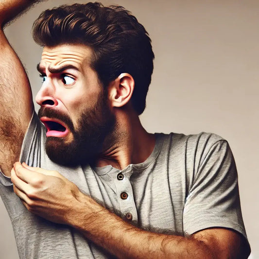 A bearded man in a casual t-shirt smelling his armpit with a surprised and disgusted expression, realizing the importance of using natural men’s soap for freshness.