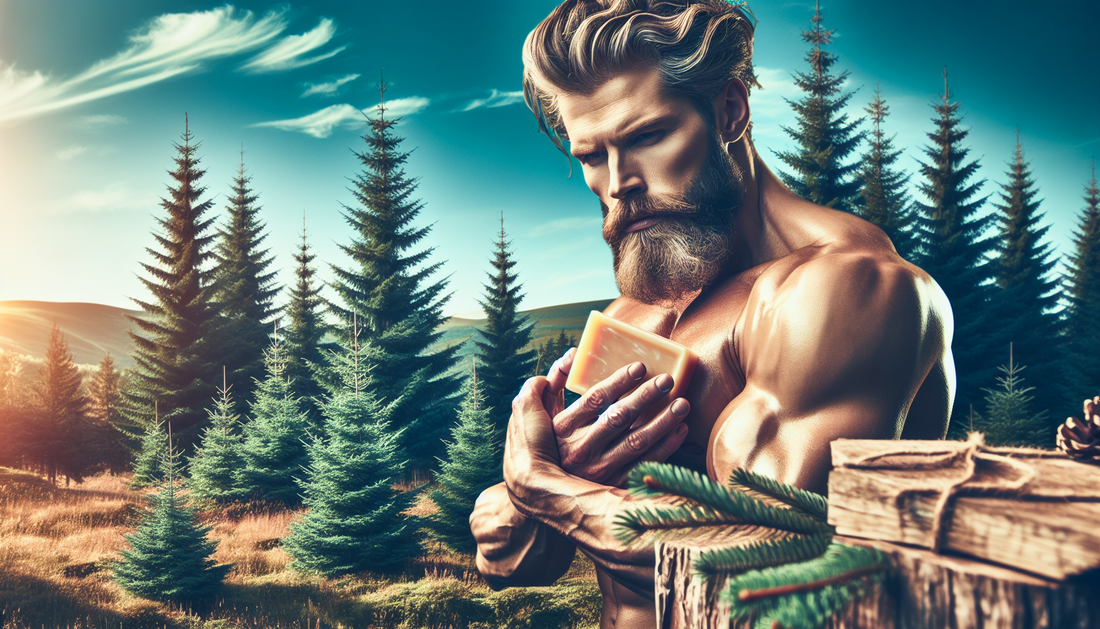 A rugged man holding energizing soap in a natural outdoor setting, embodying masculinity and freshness.