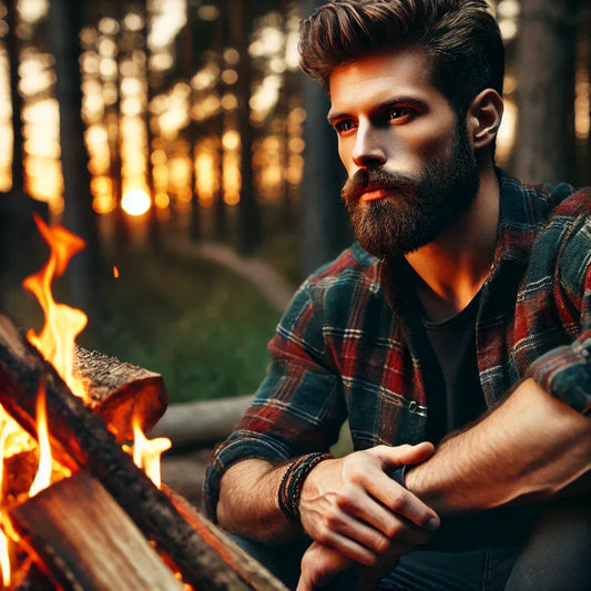 A rugged man in his 30s with a well-groomed beard stands by a glowing campfire in a quiet forest at sunset, wearing a flannel shirt and jeans. He gazes thoughtfully into the fire, reflecting emotional strength, grounded masculinity