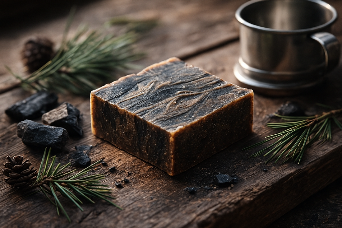 A natural pine tar soap bar with earthy tones on a wooden surface surrounded by pine needles and charcoal.
