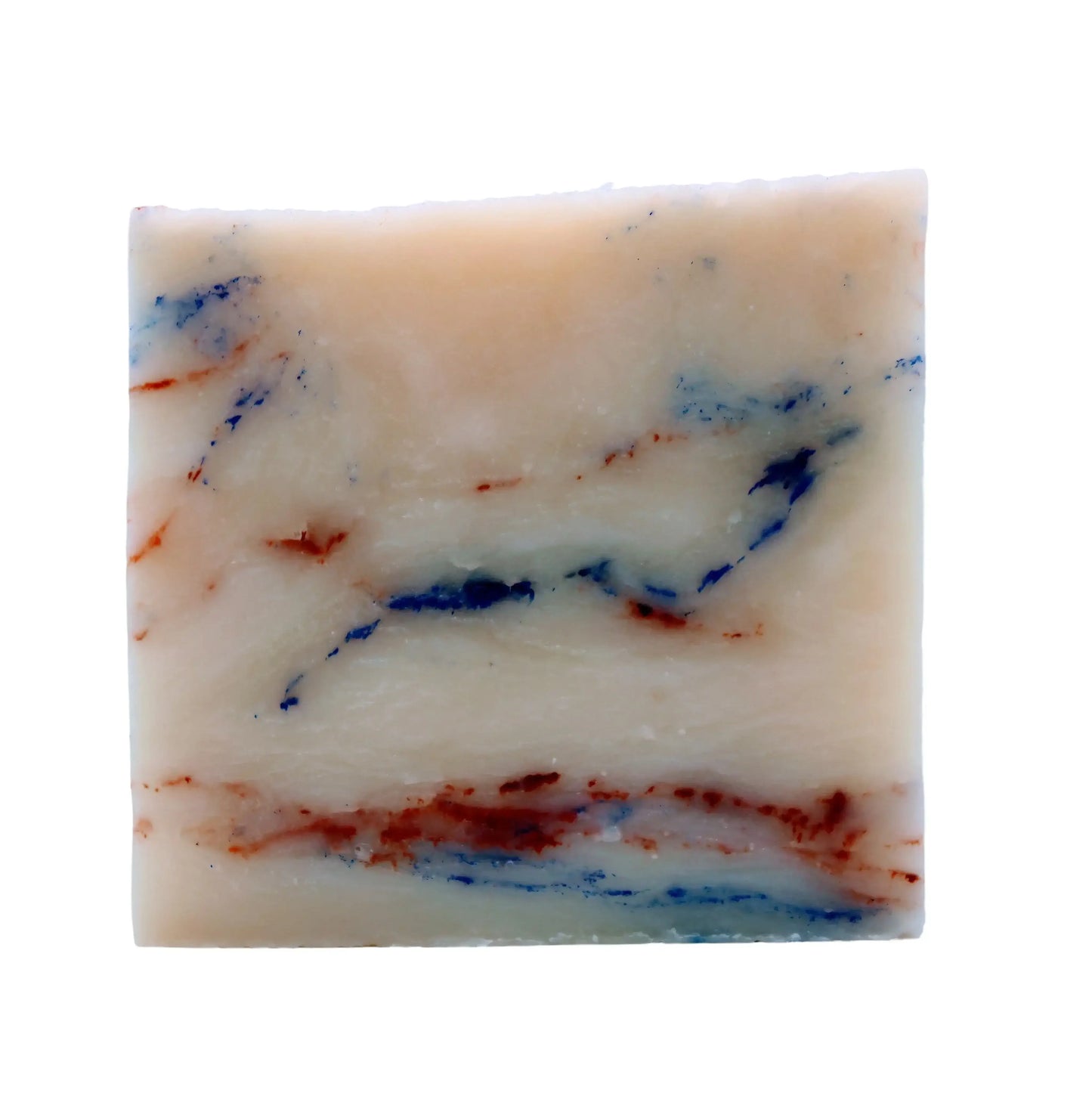 Men's barber shop bar soap with marbled design in cream, blue, and red colors for a refreshing shower experience.