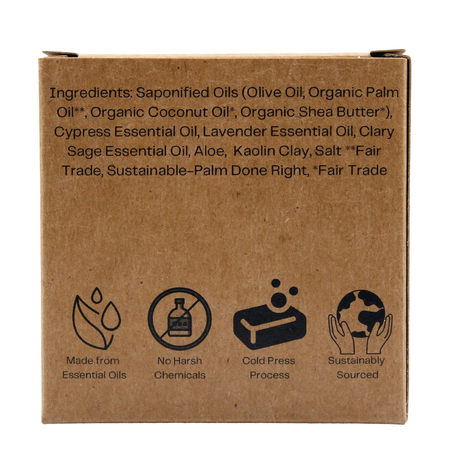 Ingredients list for Barber Shop Bar Soap highlighting natural and fair trade components and benefits.