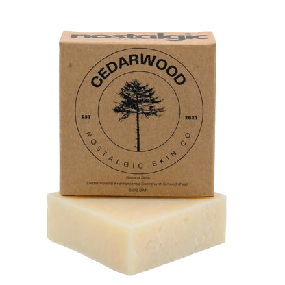 Cedarwood bar soap packaging, natural soap for men with cedarwood and frankincense scent, 6 oz bar by Nostalgic Skin Co.