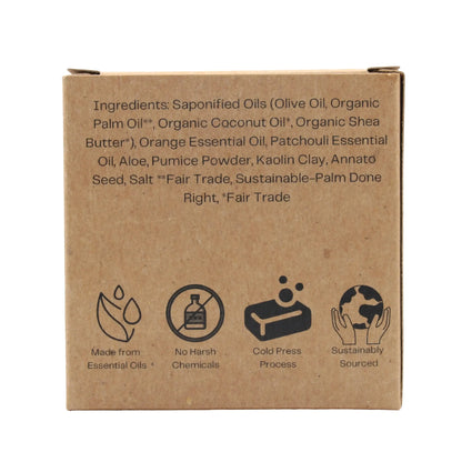 Ingredients list for Surf Orange Men's Bar Soap, featuring natural oils and sustainable sourcing details.