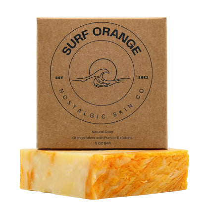 Surf Orange men's bar soap with invigorating citrus scent and pumice exfoliant, perfect for refreshing skin.