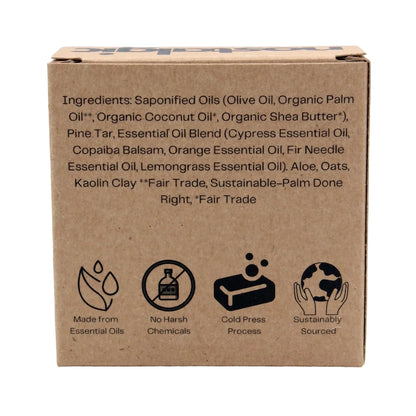 Ingredients of biodegradable pine tar bar soap for men, featuring natural oils and sustainable sourcing info.