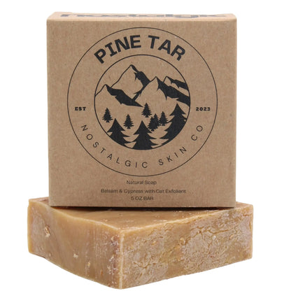 Pine Tar Bar Soap by Nostalgic Skin Co, all-natural with oat exfoliant, ideal biodegradable men's soap for sensitive skin.