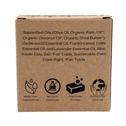 Cedarwood bar soap box with natural ingredients, eco-friendly features, and essential oils listed for men's skincare.