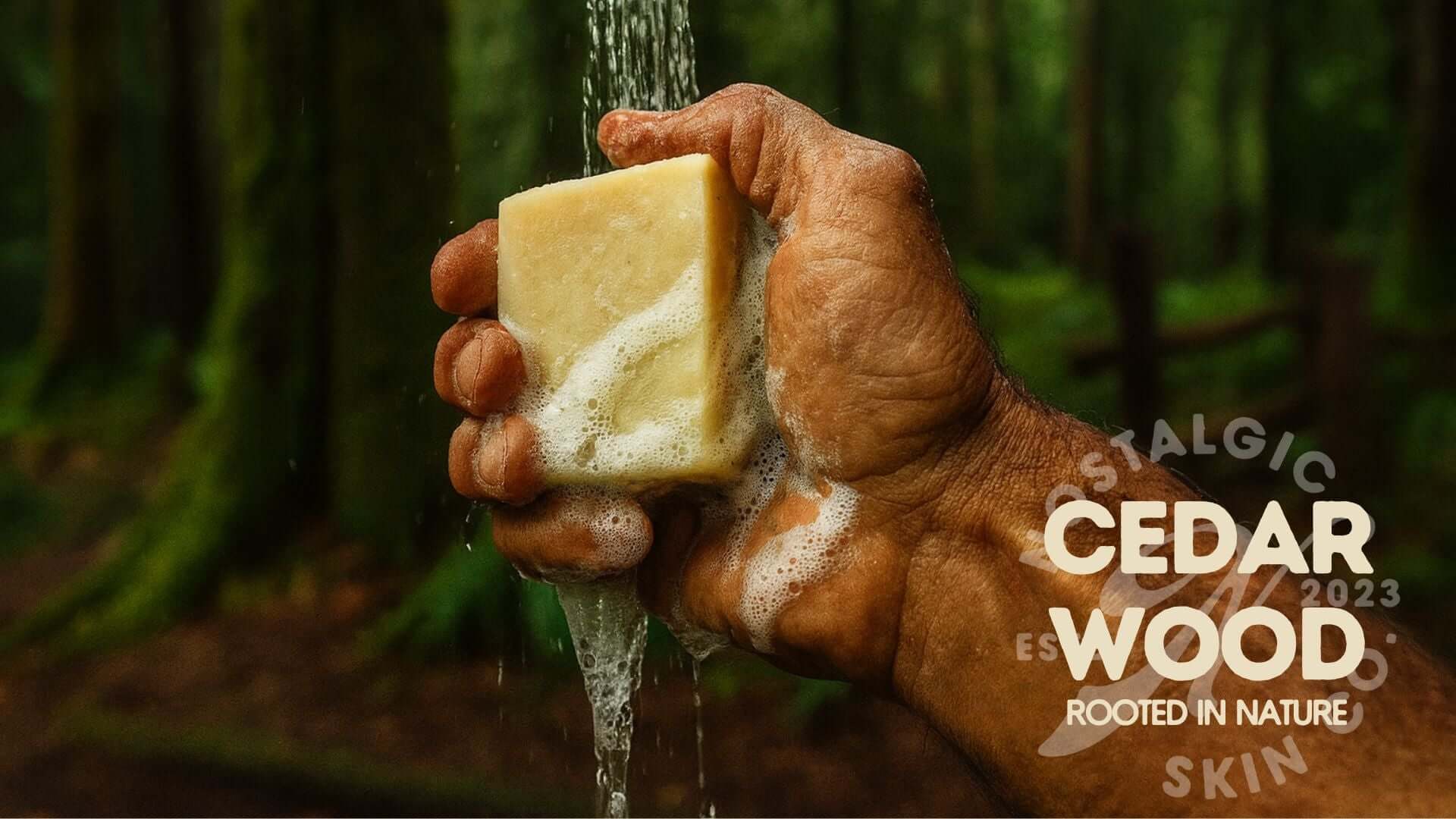 Hand holding cedarwood bar soap under water in a lush forest, showcasing natural skincare and rejuvenation.