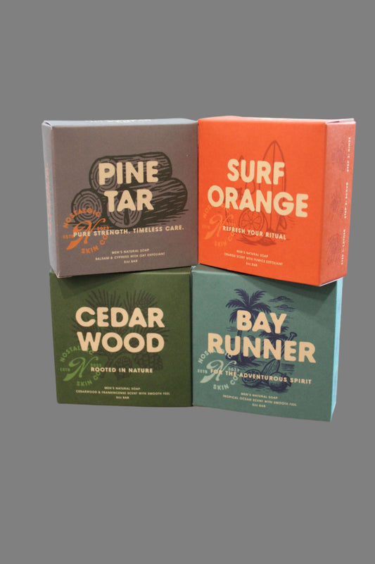 Stack of natural men’s soap bars from Nostalgic Skin Co featuring the Father’s Day Dad Pack set