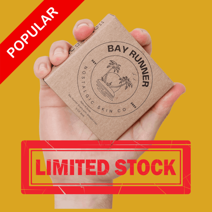 Bay Runner Men's Bar Soap in hand, marked 'Popular' and 'Limited Stock', showcasing natural soap for men.